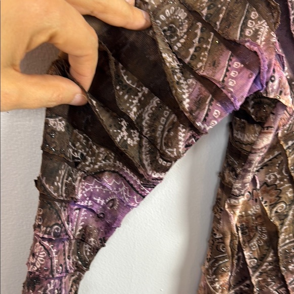 Zoé Elegant Purple and Brown Paisley Print 3/4 Sleeve Ruched Blouse Size Large - Picture 7 of 10